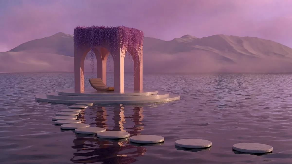 Surreal illustration of a pale colonnade standing on still water below mountains.